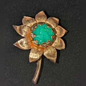 Vintage Gold Tone Sunflower Brooch Turquoise Blue Glass Cabochon MCM
